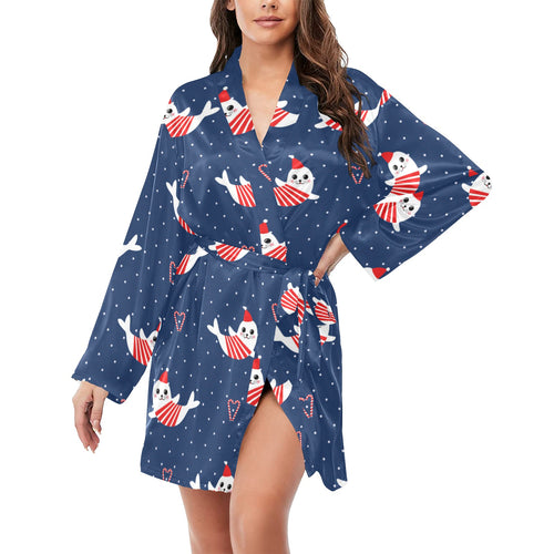 Cute sea lion seal christmas hat candy cane heart Women's Long Sleeve Belted Night Robe