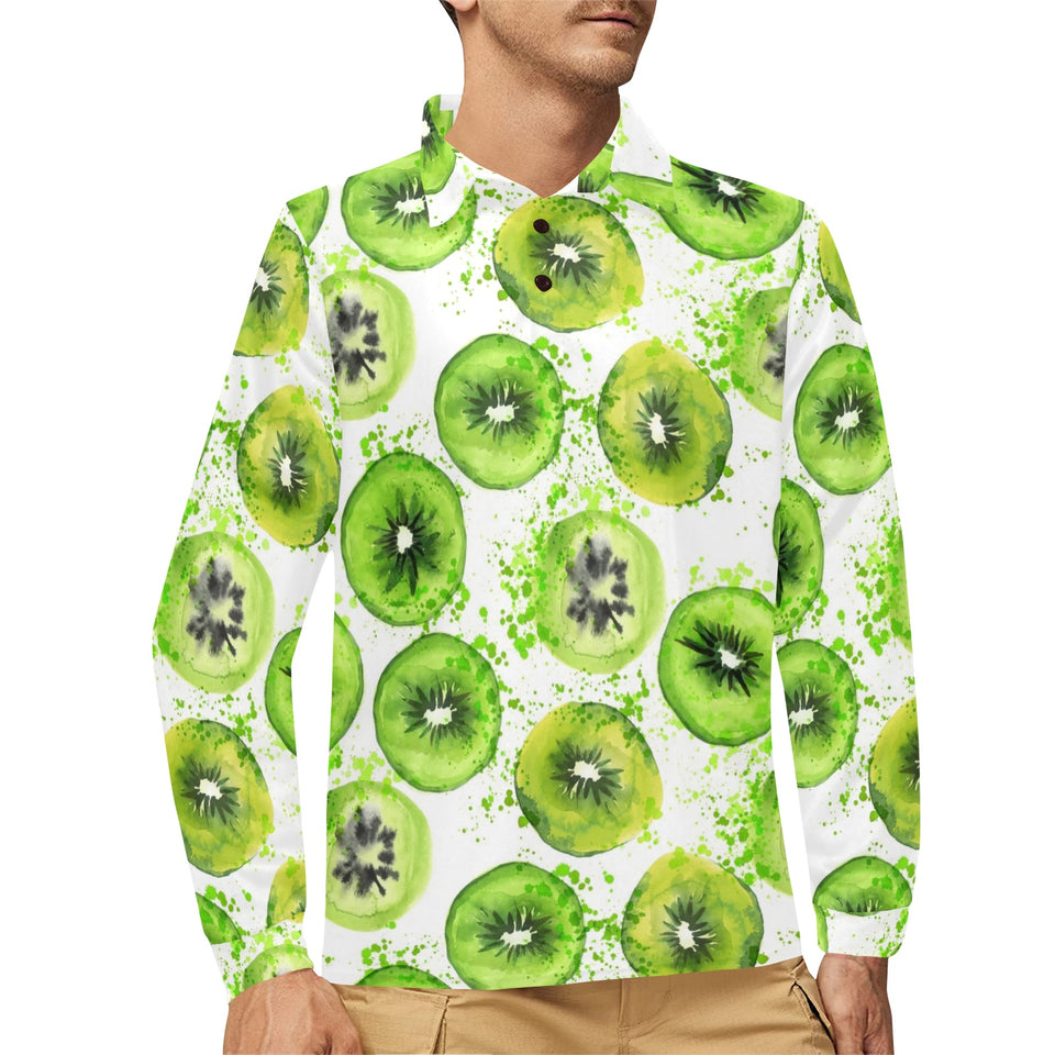 Watercolor kiwi pattern Men's Long Sleeve Polo Shirt