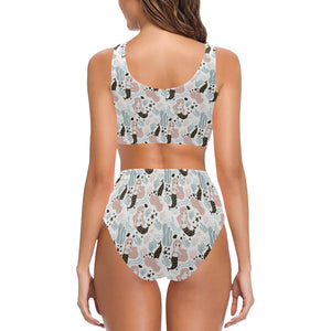 cute mermaid pattern Chest Bowknot High Waisted Bikini Swimsuit