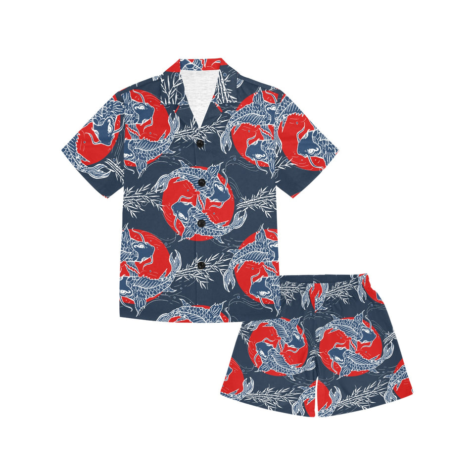 Koi Fish Carp Fishs hand drawn japanese art Kids' Boys' Girls' V-Neck Short Pajama Set