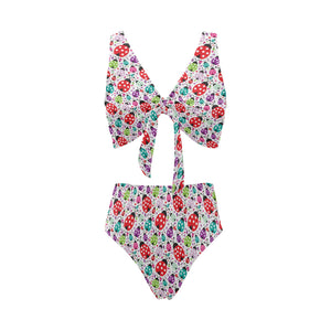 Ladybug Pattern Print Design 03 Chest Bowknot High Waisted Bikini Swimsuit
