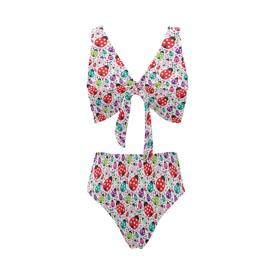 Ladybug Pattern Print Design 03 Chest Bowknot High Waisted Bikini Swimsuit