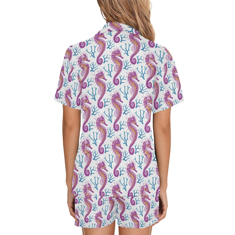 Purple seahorse blue coral pattern Women's V-Neck Short Pajama Set