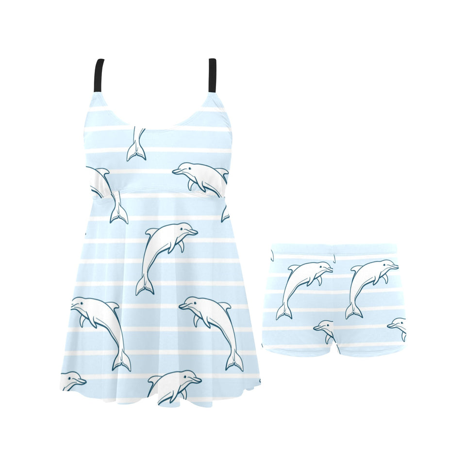 Dolphin blue striped background Chest Sexy Pleated Two Piece Swim Dress