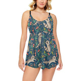 Raccoon tropical leaves pattern Chest Sexy Pleated Two Piece Swim Dress