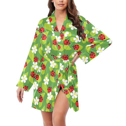 Ladybug Pattern Print Design 01 Women's Long Sleeve Belted Night Robe