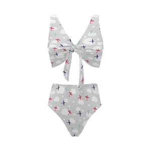 Airplane cloud grey background Chest Bowknot High Waisted Bikini Swimsuit