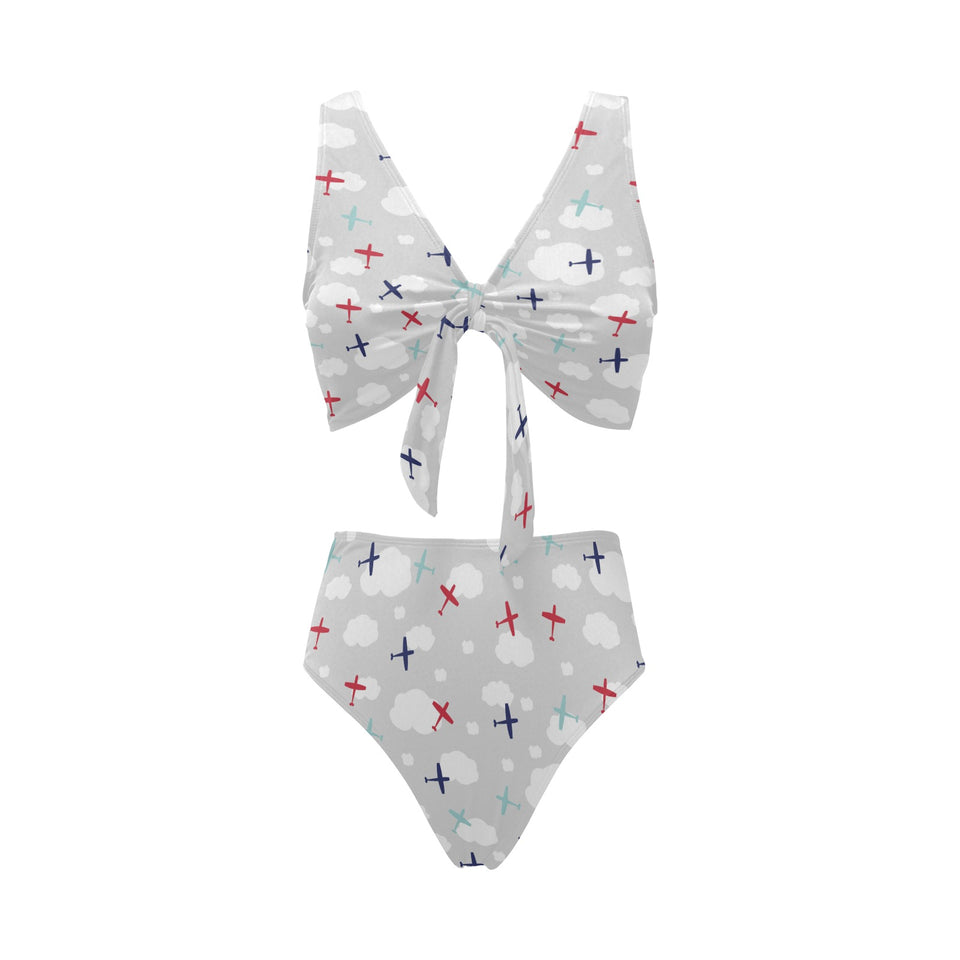 Airplane cloud grey background Chest Bowknot High Waisted Bikini Swimsuit