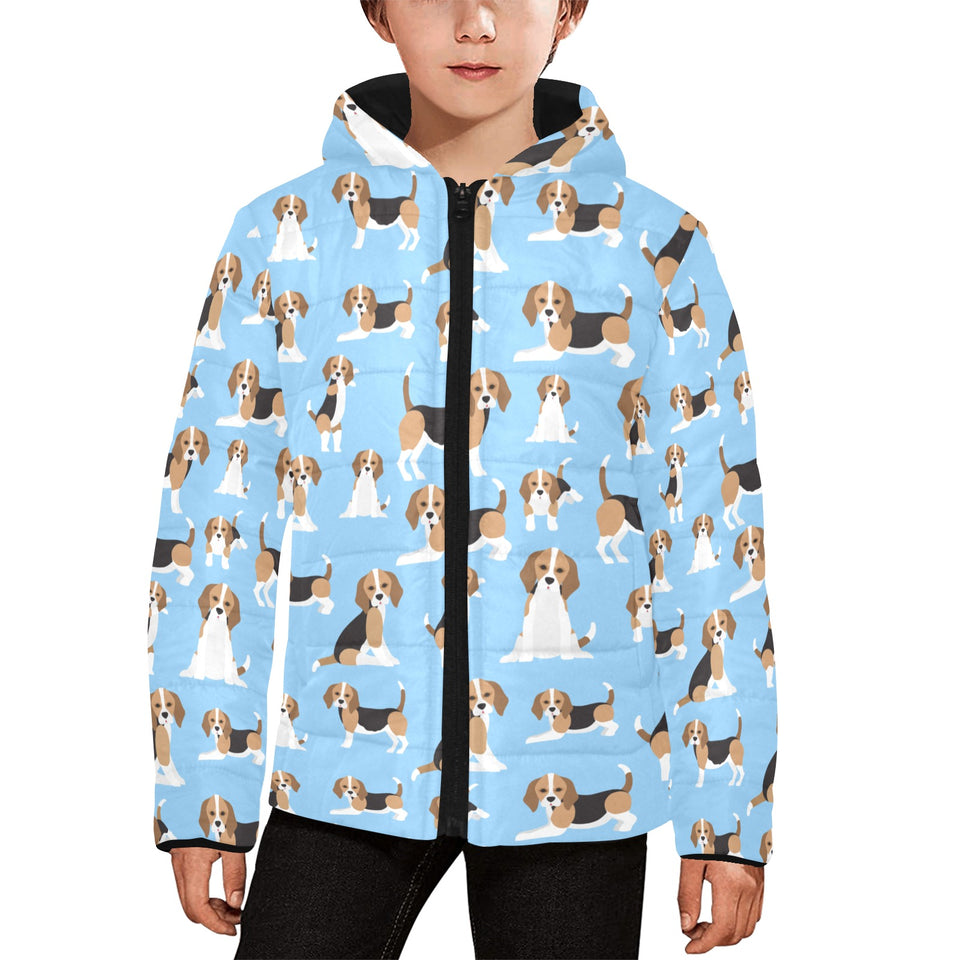 Beagle dog blue background pattern Kids' Boys' Girls' Padded Hooded Jacket