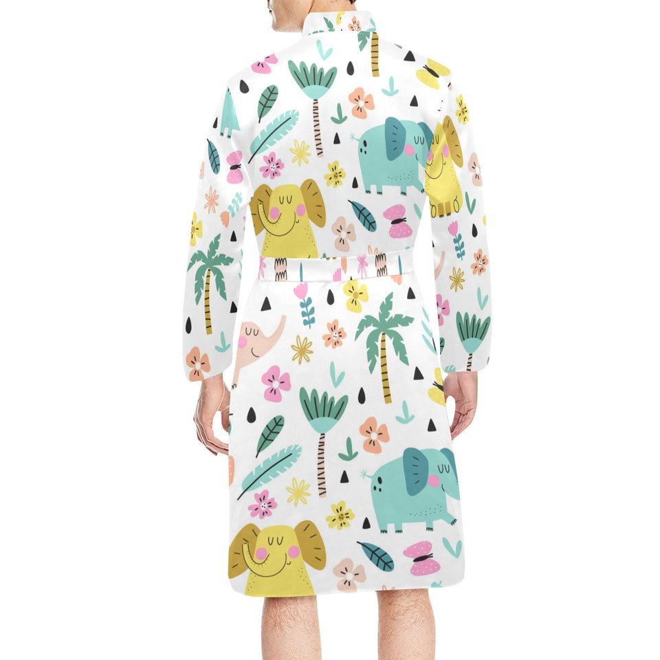 Cute elephants palm tree flower butterfly pattern Men's Long Sleeve Belted Night Robe