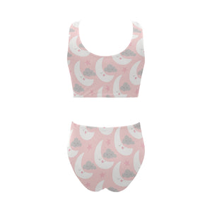 Cute moon cloud star pattern pink dot background Chest Bowknot High Waisted Bikini Swimsuit