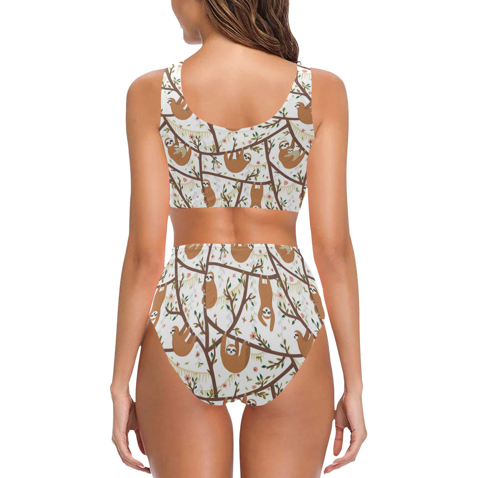 Sloths hanging on the tree pattern Chest Bowknot High Waisted Bikini Swimsuit