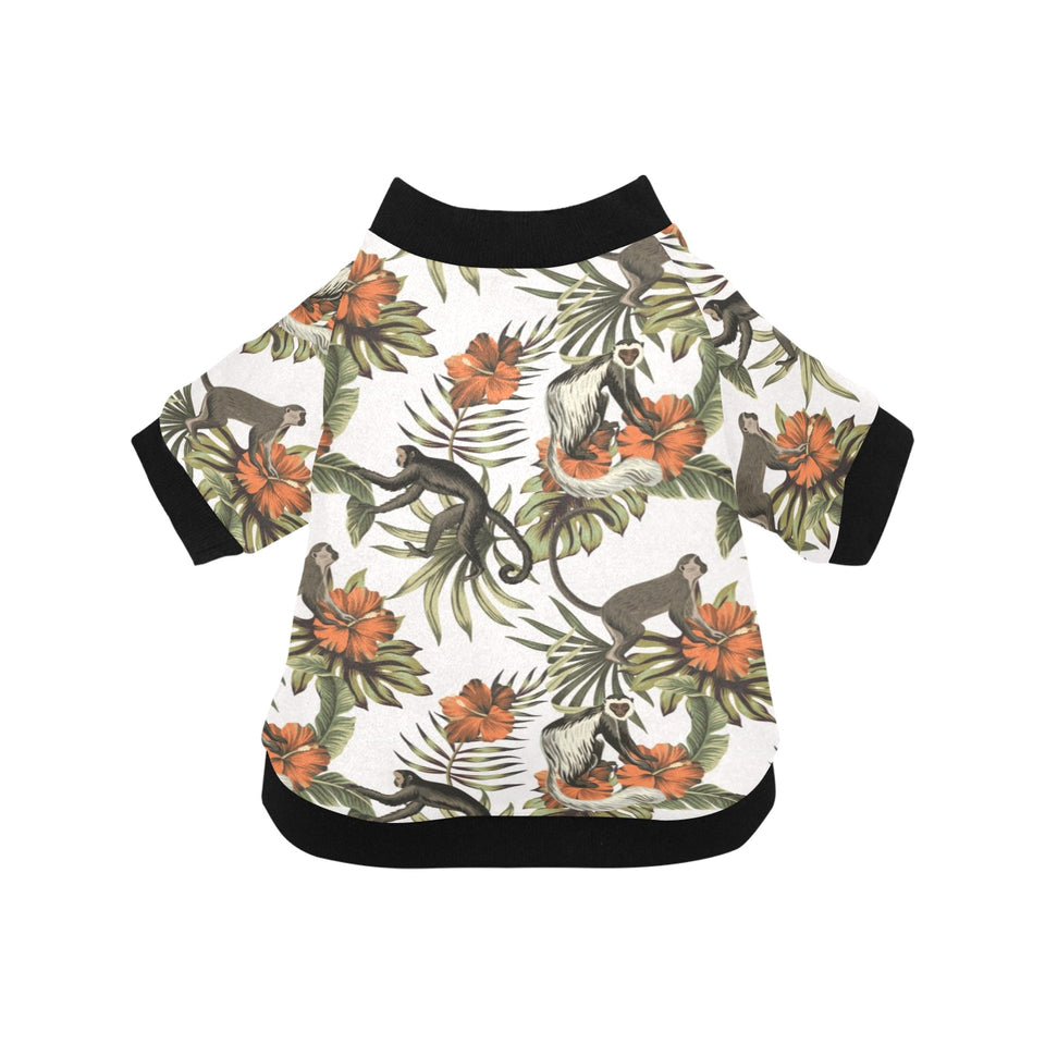 Monkey red hibiscus flower palm leaves floral patt All Over Print Pet Dog Round Neck Fuzzy Shirt