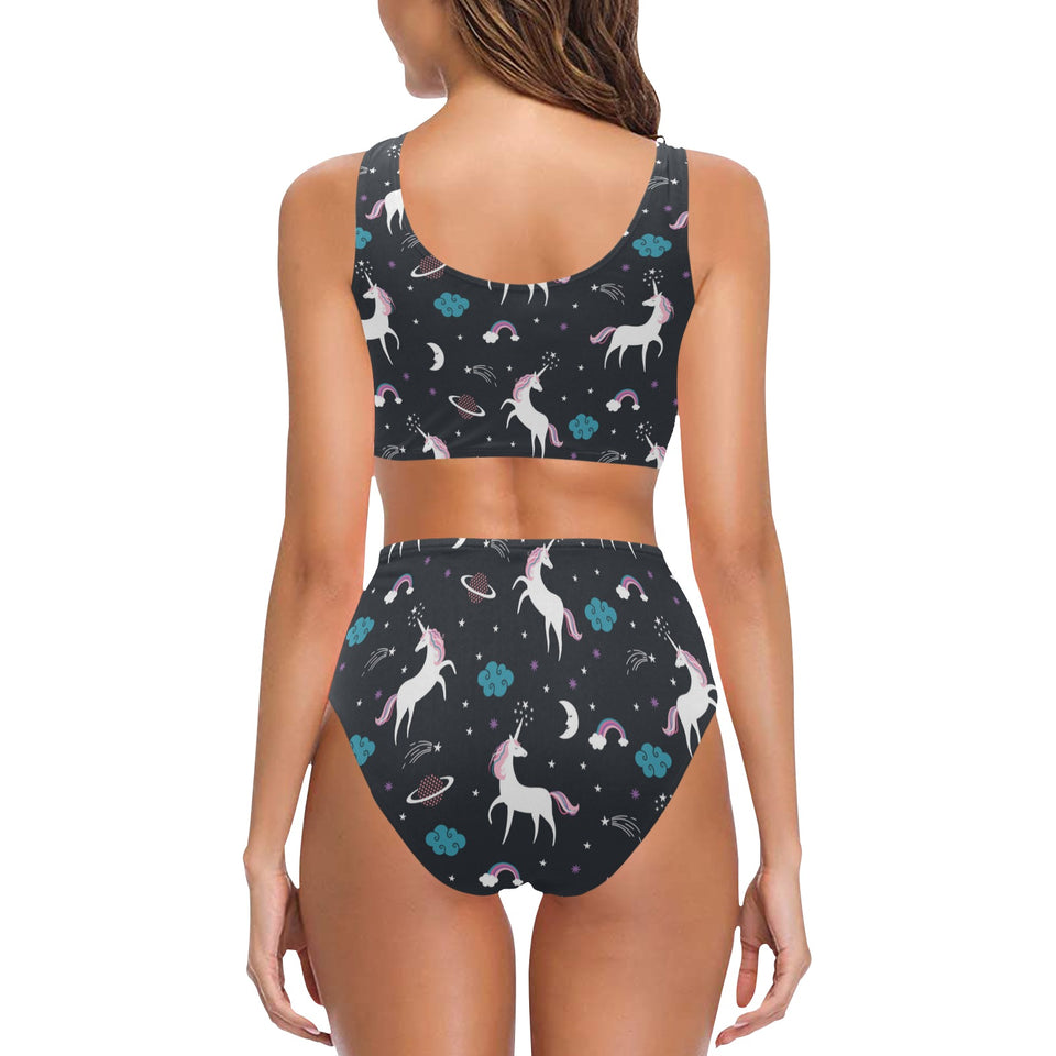 unicorn rainbows moon clound star pattern Chest Bowknot High Waisted Bikini Swimsuit