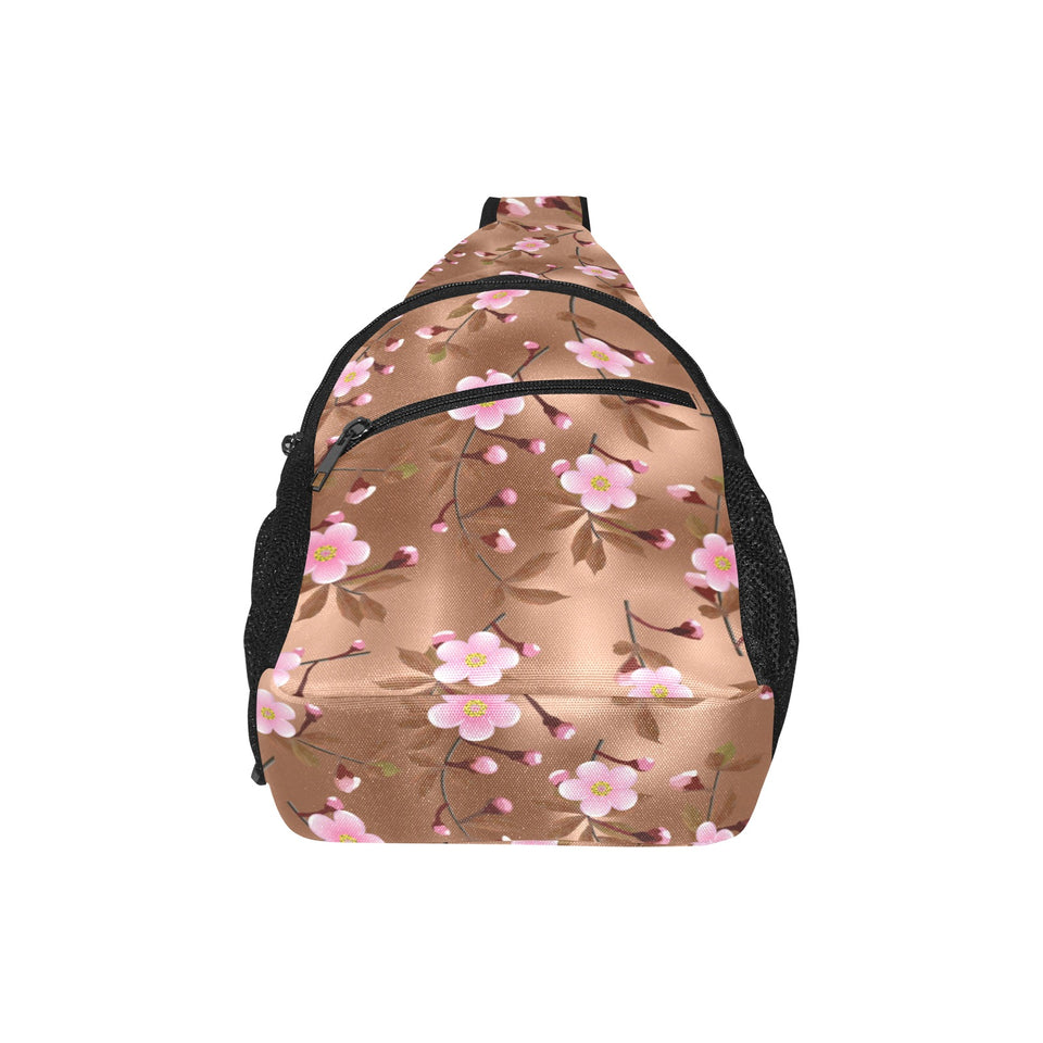 Pink sakura cherry blossom drak brown background All Over Print Chest Bag