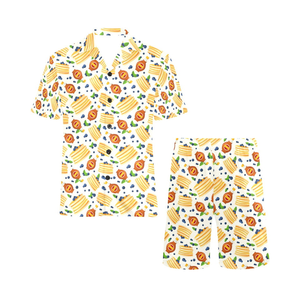 Pancake Pattern Print Design 02 Men's V-Neck Short Pajama Set