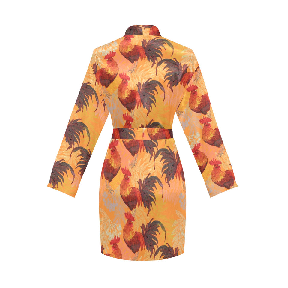 red rooster chicken cock pattern Women's Long Sleeve Belted Night Robe