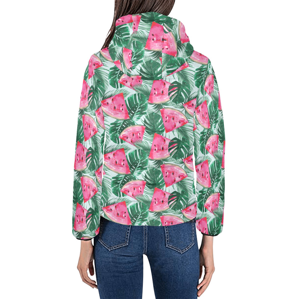 Watermelons tropical palm leaves pattern Women's Padded Hooded Jacket