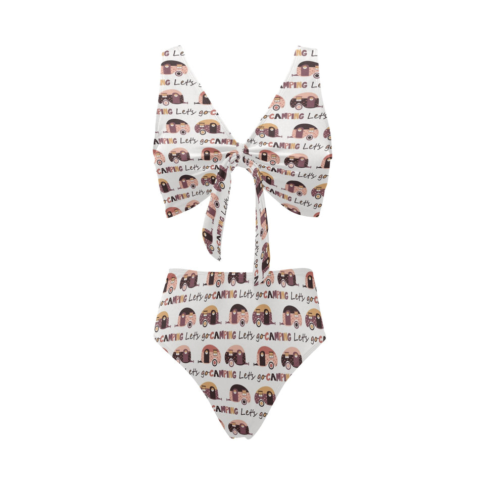 Camper Van Pattern Print Design 01 Chest Bowknot High Waisted Bikini Swimsuit
