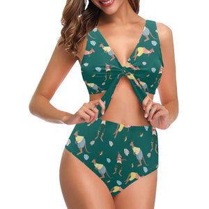 Kangaroo leaves pattern Chest Bowknot High Waisted Bikini Swimsuit