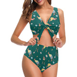 Kangaroo leaves pattern Chest Bowknot High Waisted Bikini Swimsuit