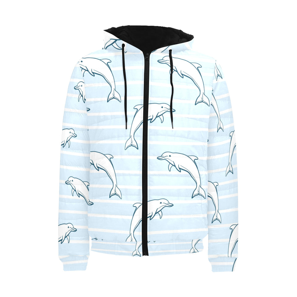 Dolphin blue striped background Men's Padded Hooded Jacket