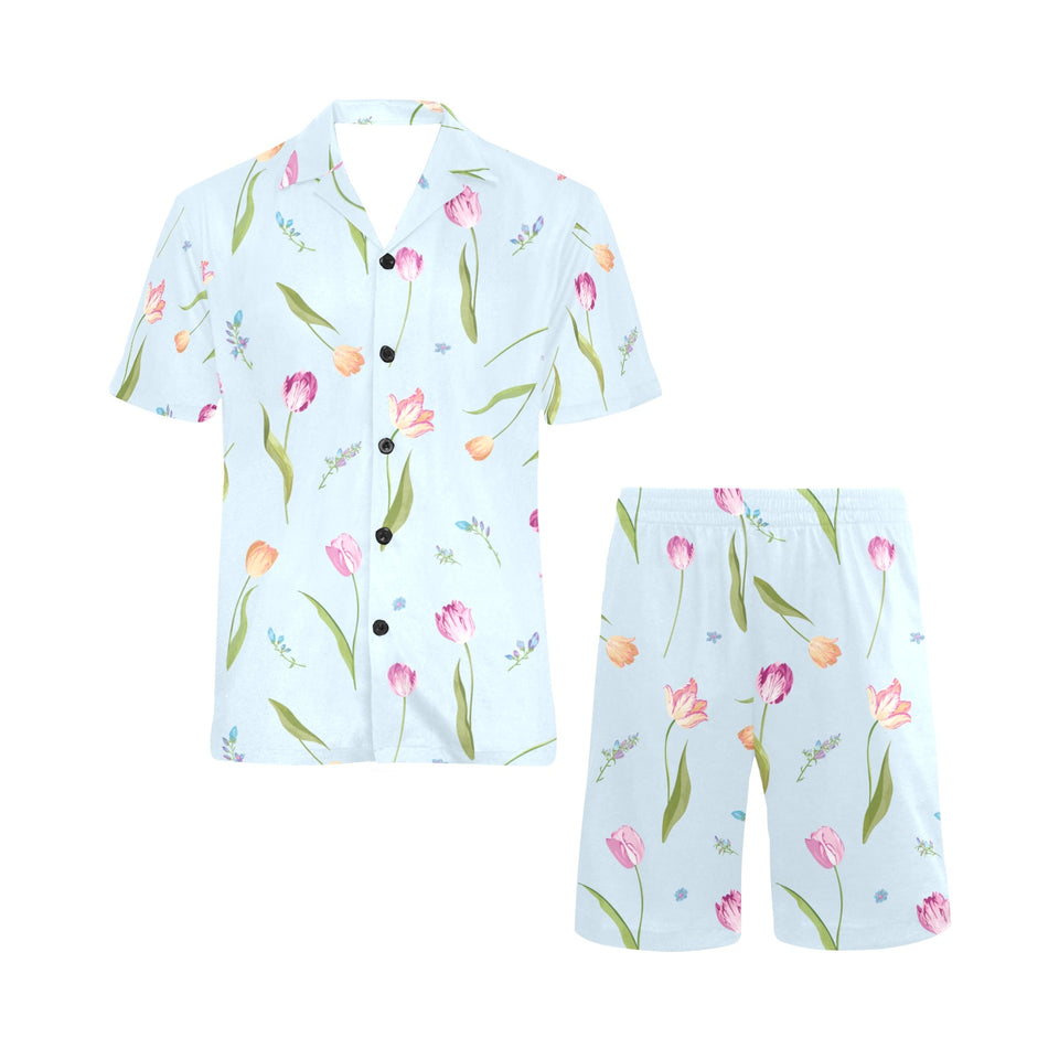 Watercolor Tulips pattern Men's V-Neck Short Pajama Set