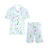 Watercolor Tulips pattern Men's V-Neck Short Pajama Set