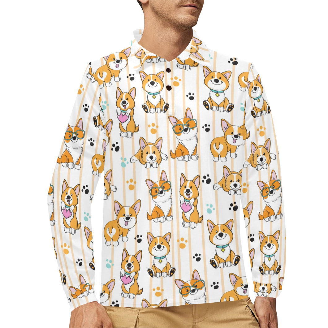 Cute dog corgi striped background pattern Men's Long Sleeve Polo Shirt