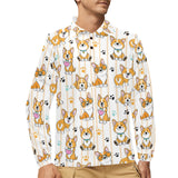 Cute dog corgi striped background pattern Men's Long Sleeve Polo Shirt