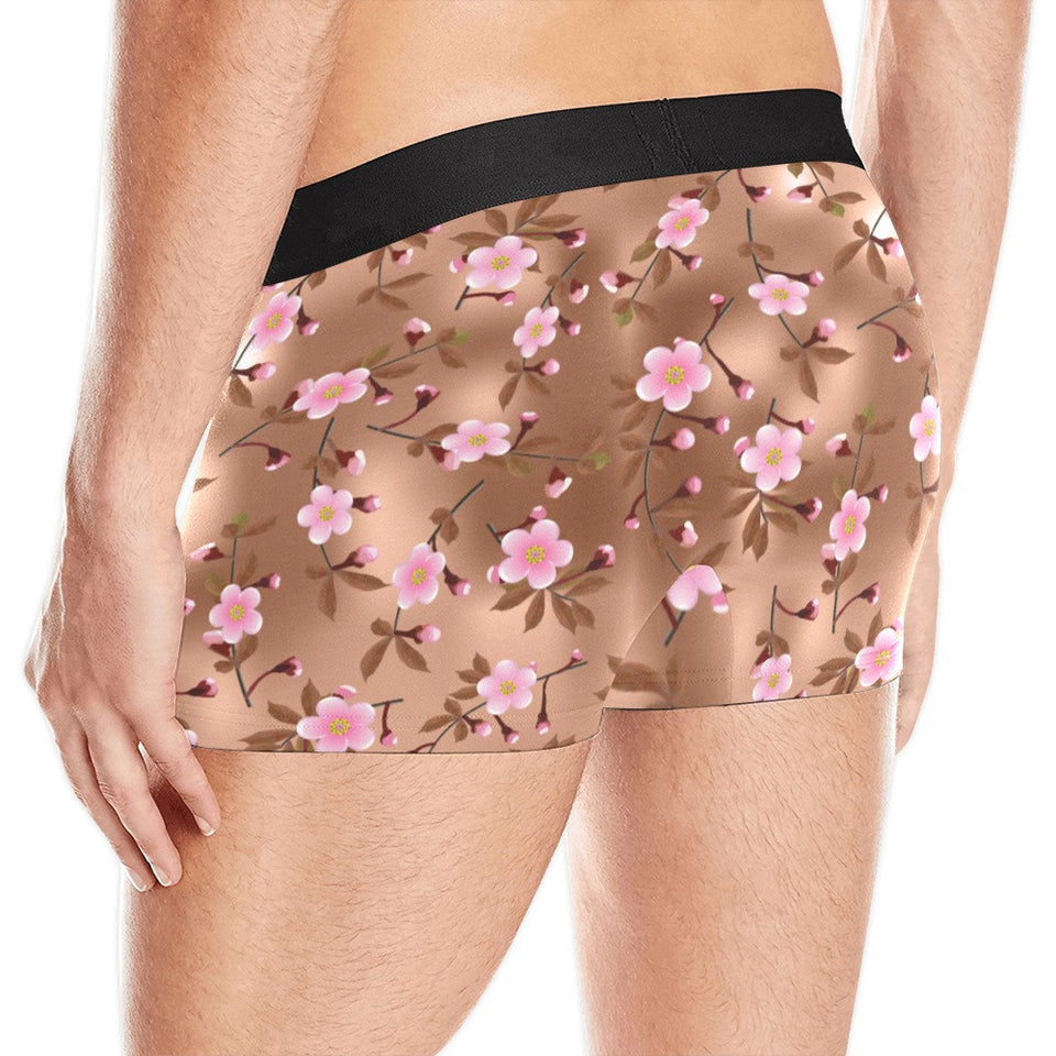 Pink sakura cherry blossom drak brown background Men's All Over Print Boxer Briefs Men's Underwear