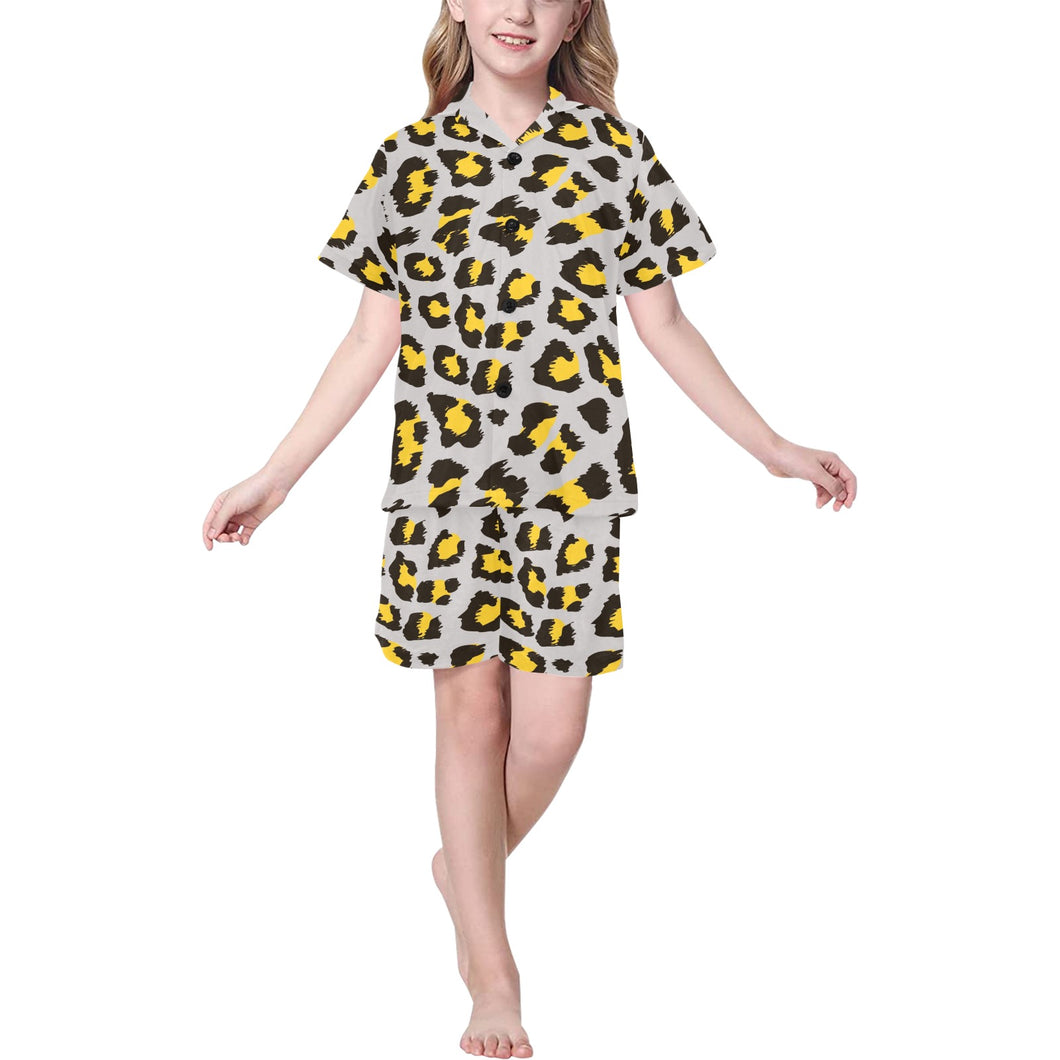 Gray Leopard print pattern Kids' Boys' Girls' V-Neck Short Pajama Set