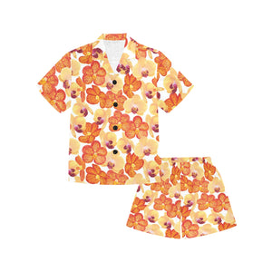 Orange yellow orchid flower pattern background Kids' Boys' Girls' V-Neck Short Pajama Set