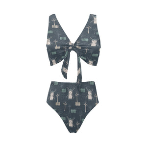 windmill tree pattern Chest Bowknot High Waisted Bikini Swimsuit