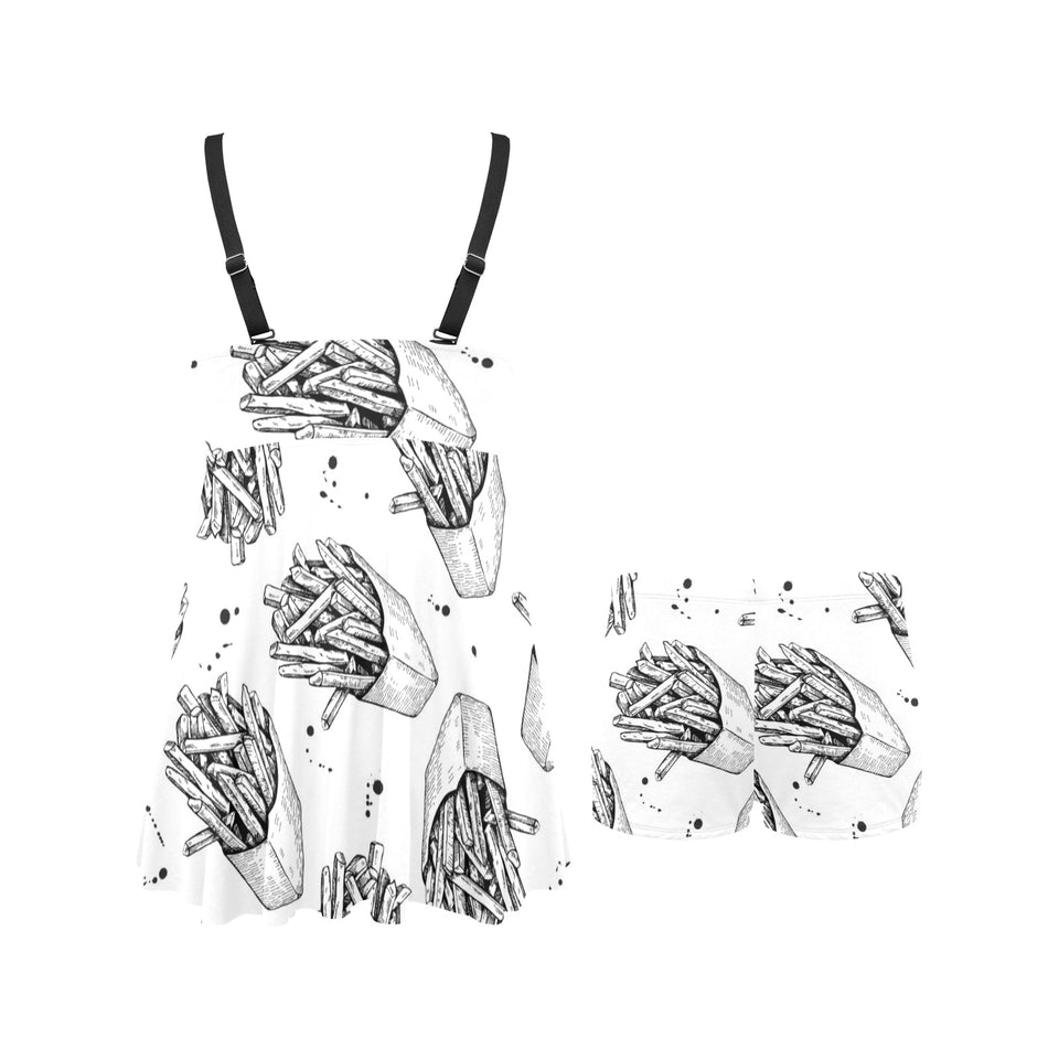 Hand drawn french fries pattern Chest Sexy Pleated Two Piece Swim Dress