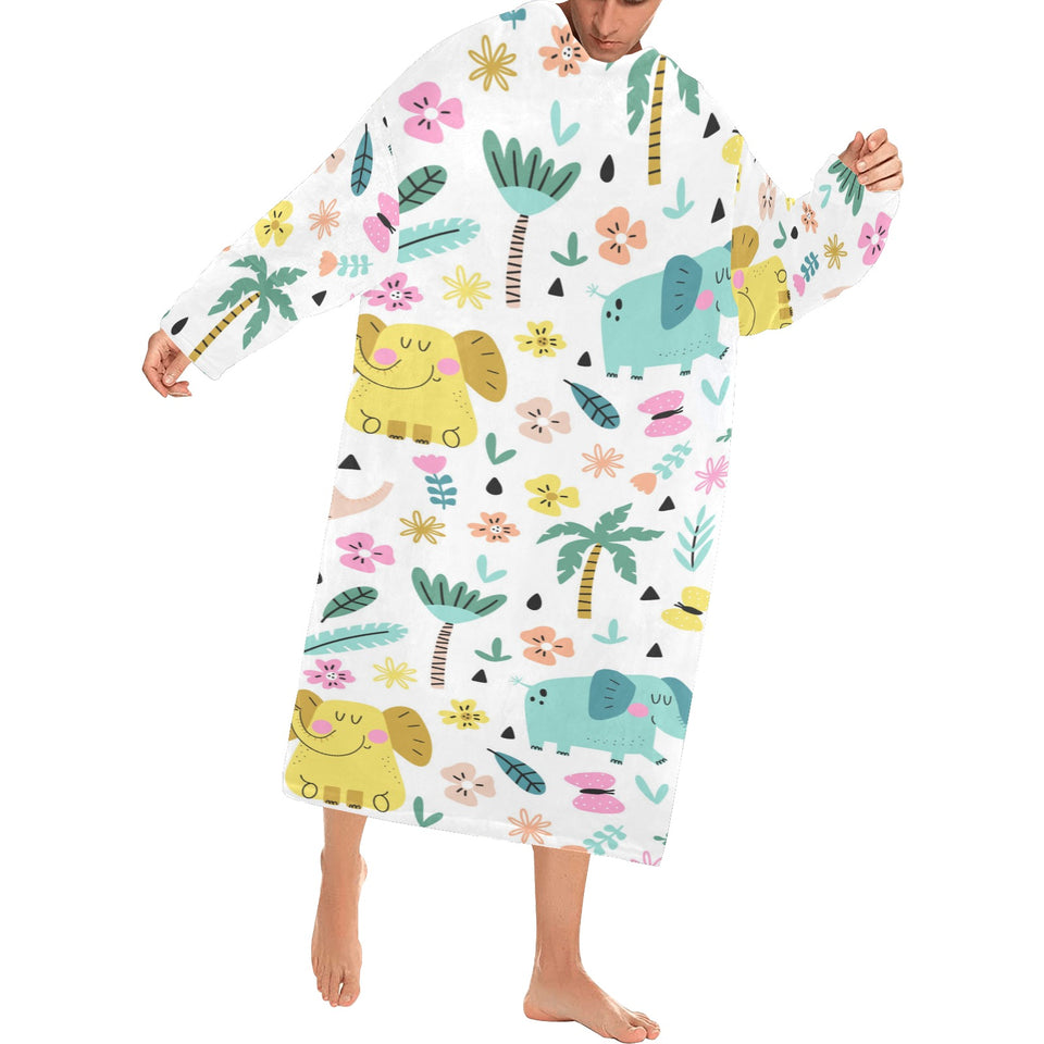 Cute elephants palm tree flower butterfly pattern Blanket Robe with Sleeves