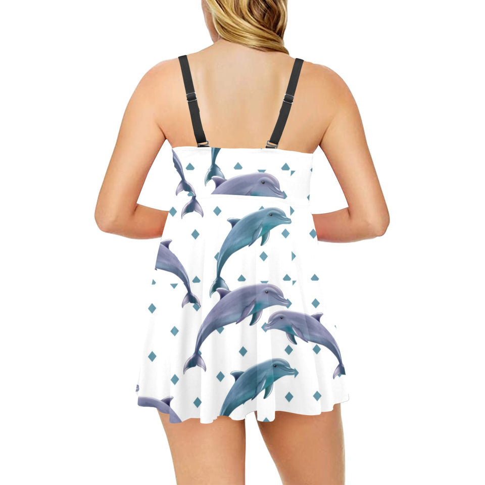 Dolphins pattern dotted background Chest Sexy Pleated Two Piece Swim Dress