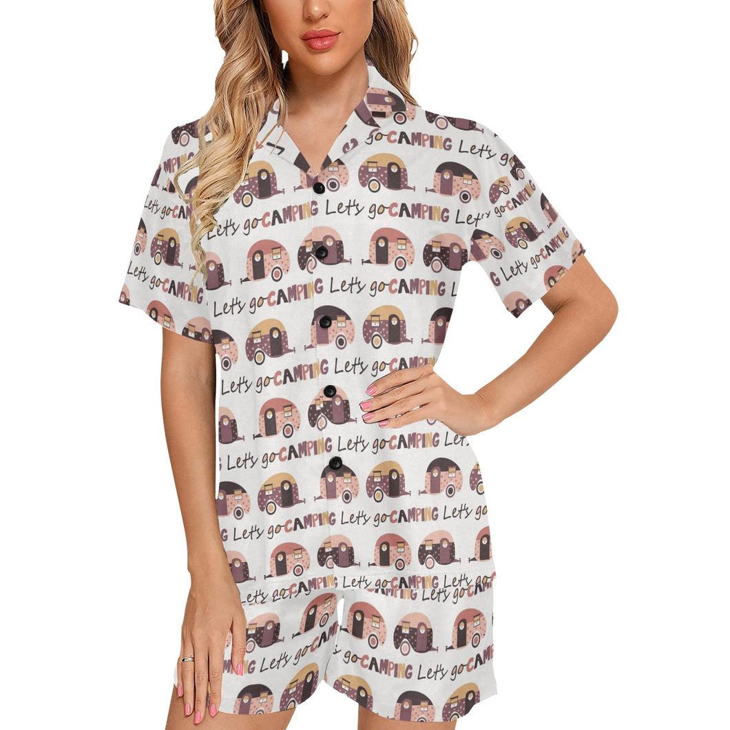 Camper Van Pattern Print Design 01 Women's V-Neck Short Pajama Set