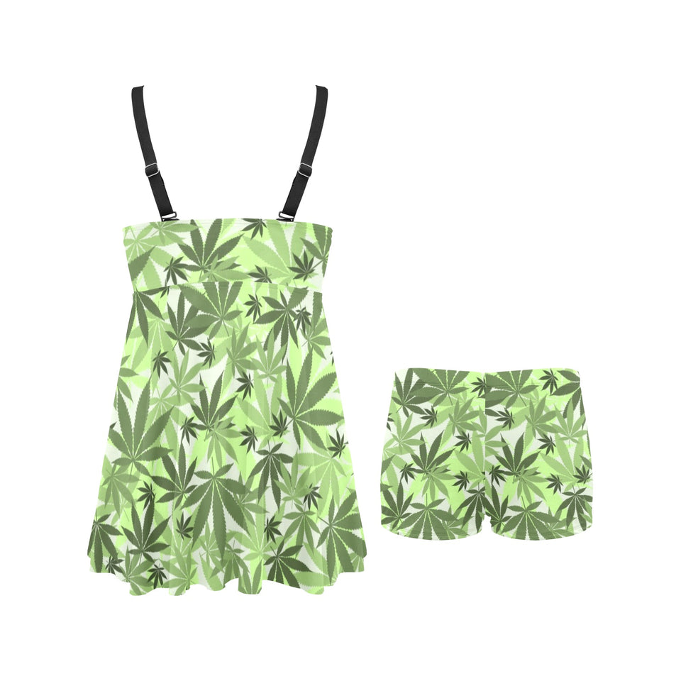 Canabis Marijuana Weed Pattern Print Design 01 Chest Sexy Pleated Two Piece Swim Dress