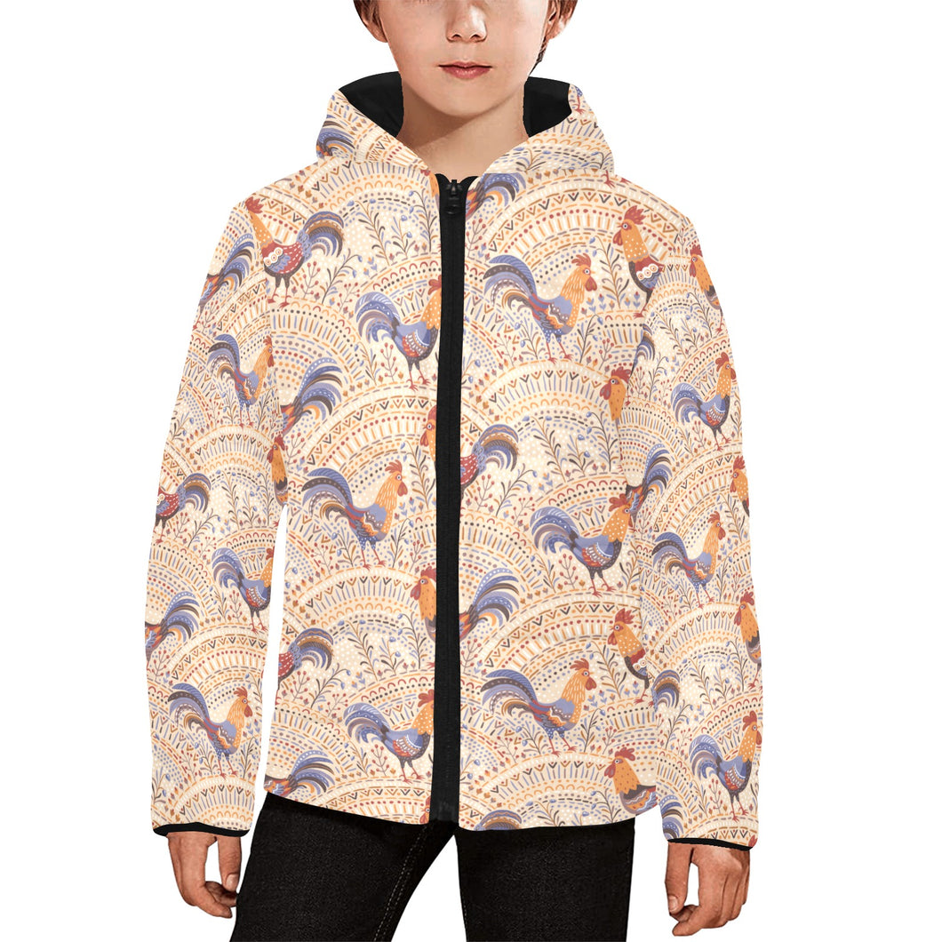 Cute rooster chicken cock floral ornament backgrou Kids' Boys' Girls' Padded Hooded Jacket