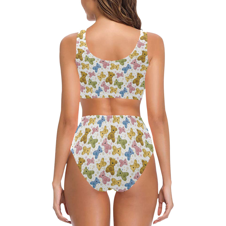 Teddy Bear Pattern Print Design 01 Chest Bowknot High Waisted Bikini Swimsuit