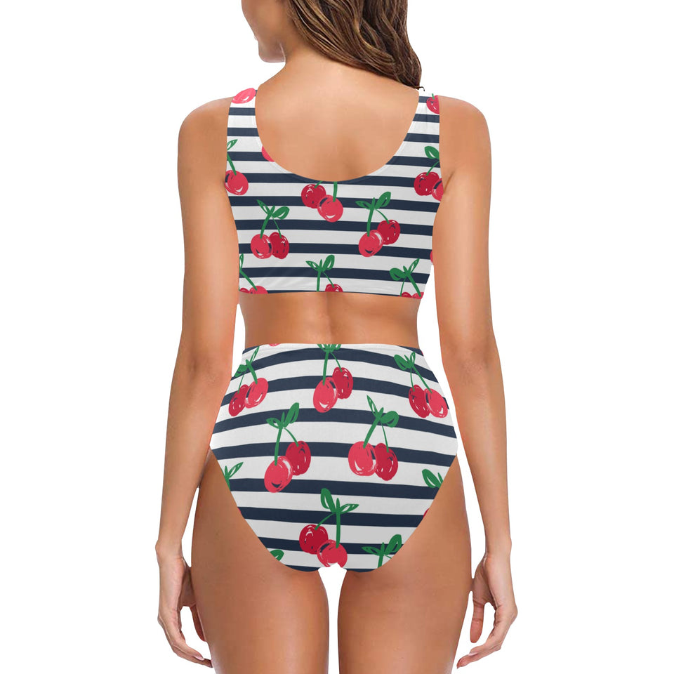 Hand drawn cherry pattern striped background Chest Bowknot High Waisted Bikini Swimsuit
