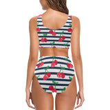 Hand drawn cherry pattern striped background Chest Bowknot High Waisted Bikini Swimsuit