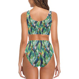 Colorful parrot exotic flower leaves Chest Bowknot High Waisted Bikini Swimsuit
