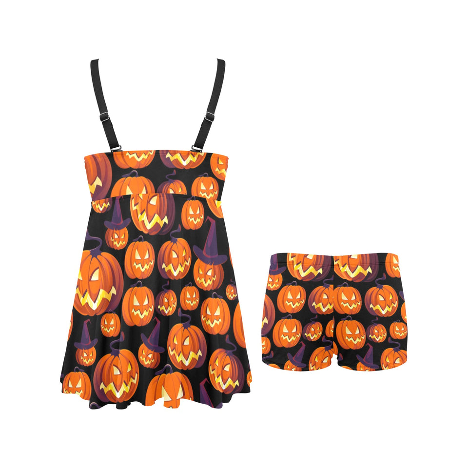 Halloween Pumpkin pattern Chest Sexy Pleated Two Piece Swim Dress