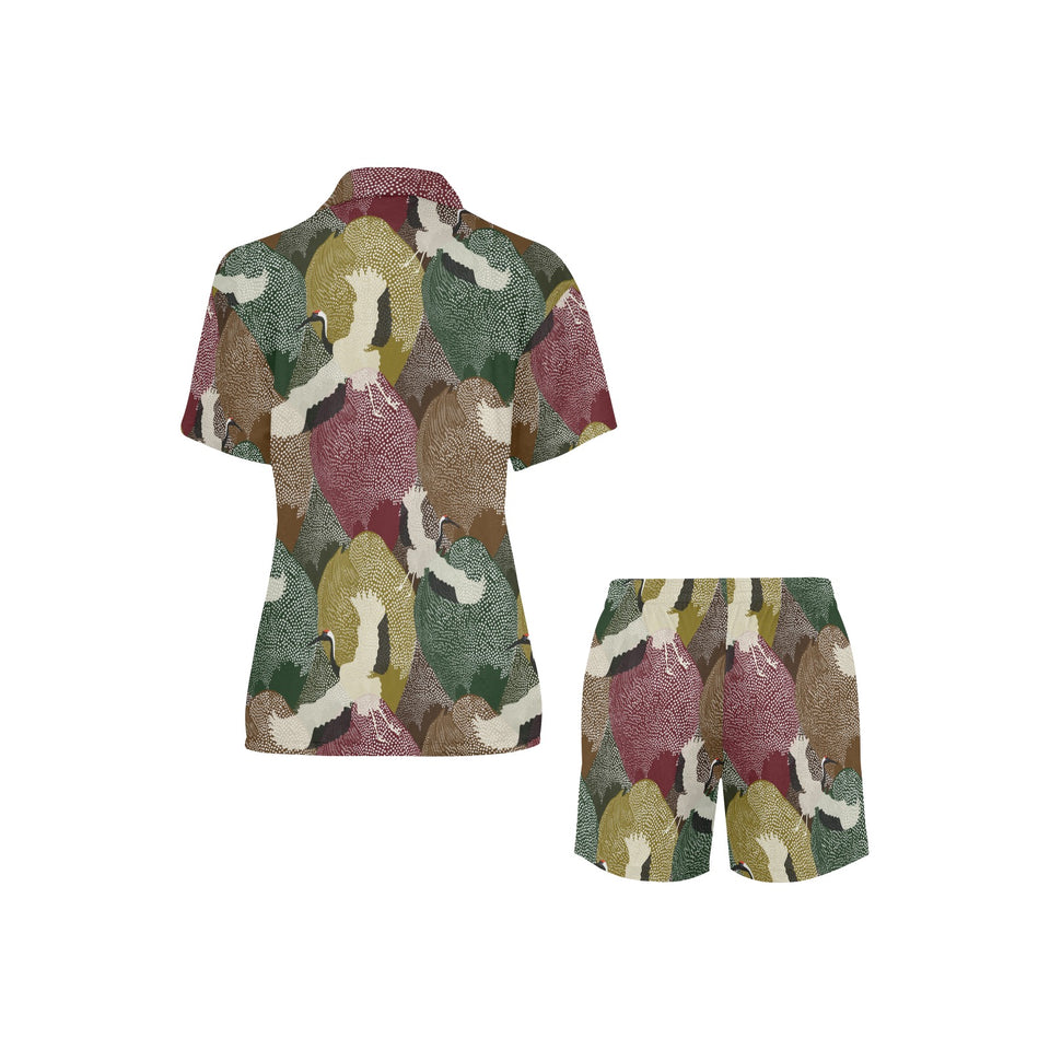 Japanese cranes flying forest dot pattern Women's V-Neck Short Pajama Set