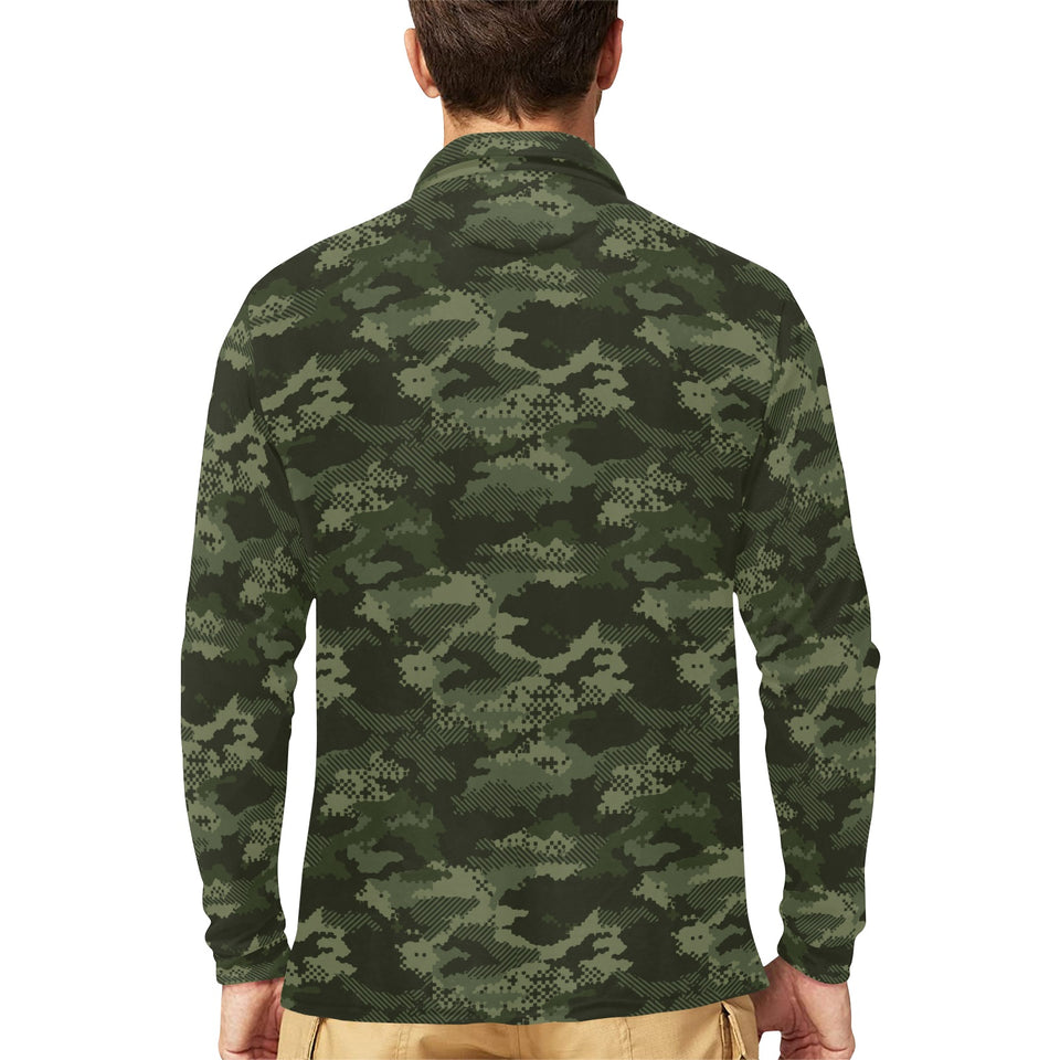 Digital Green camouflage pattern Men's Long Sleeve Polo Shirt