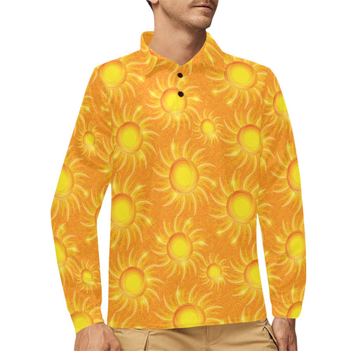 Sun orange background Men's Long Sleeve Polo Shirt