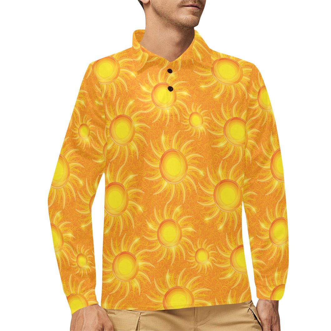 Sun orange background Men's Long Sleeve Polo Shirt
