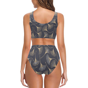 Gold ginkgo leaves Chest Bowknot High Waisted Bikini Swimsuit